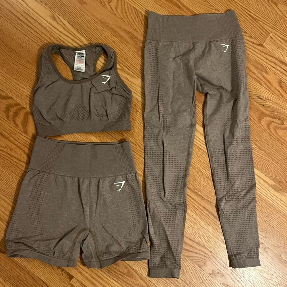 Gymshark Vital Seamless 3 Piece Taupe Leggings Shorts and Bra SMALL